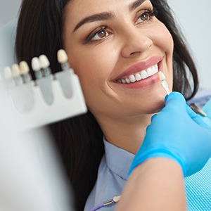 Patient looking at reflection in mirror with shade scale